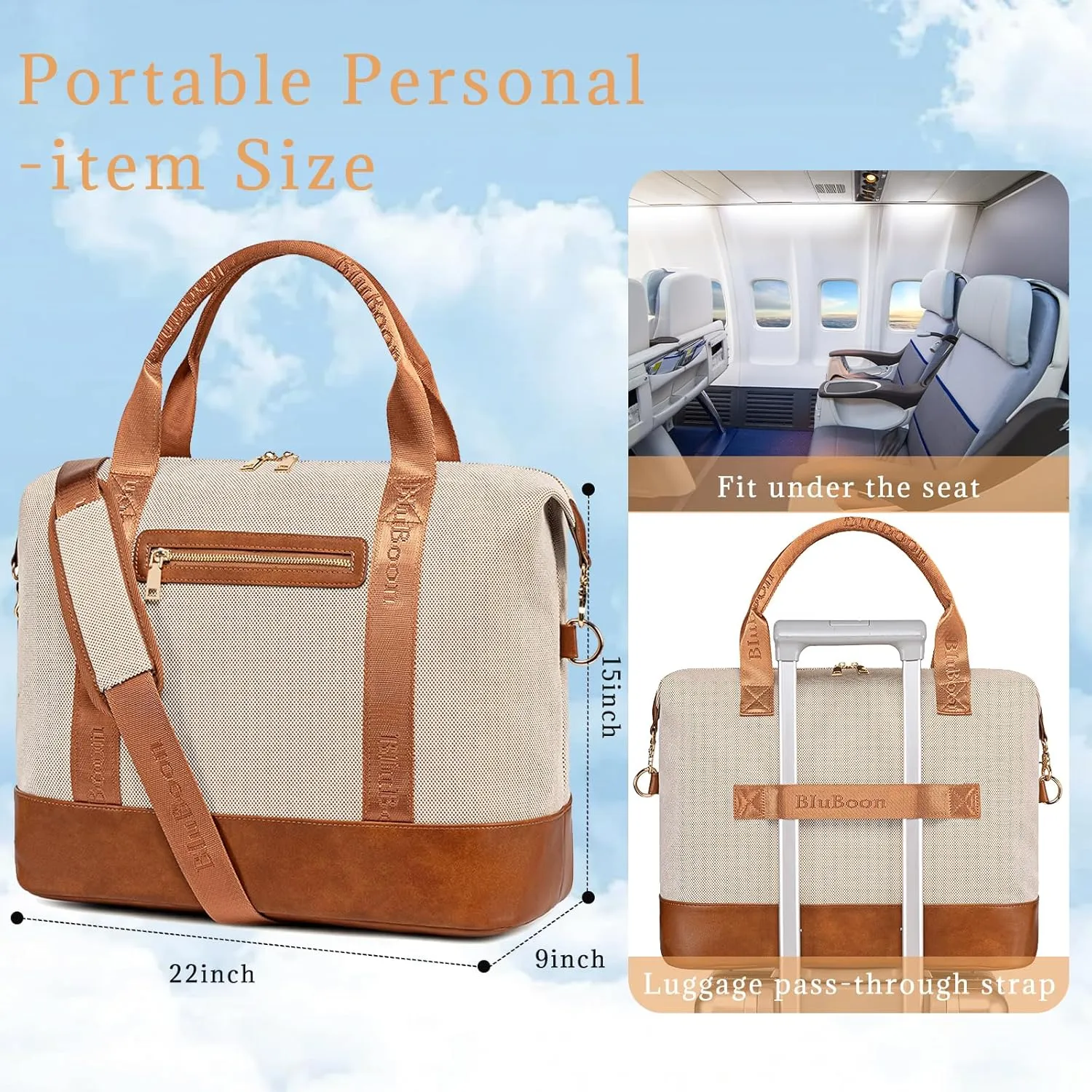 BLUBOON Travel Tote Bags with Zipper Ladies Canvas Bag Weekender Overnight Bag for Women Carry on Duffel Bag Trolley Sleeve