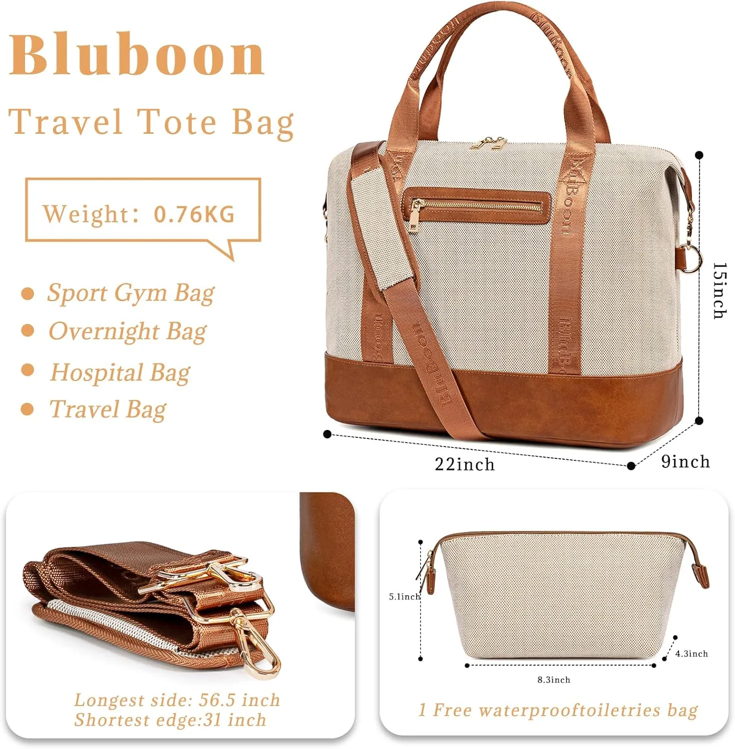 BLUBOON Travel Tote Bags with Zipper Ladies Canvas Bag Weekender Overnight Bag for Women Carry on Duffel Bag Trolley Sleeve
