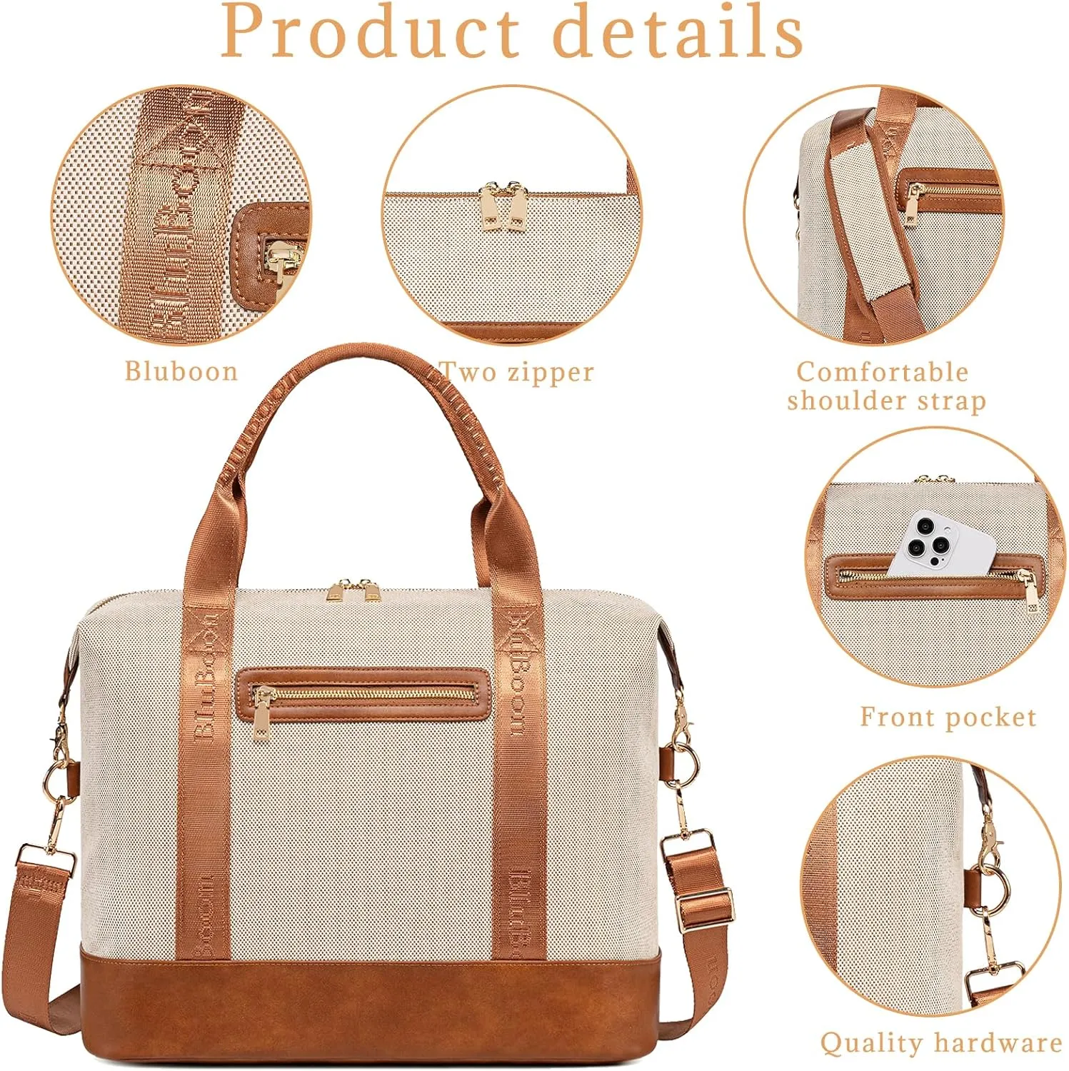 BLUBOON Travel Tote Bags with Zipper Ladies Canvas Bag Weekender Overnight Bag for Women Carry on Duffel Bag Trolley Sleeve