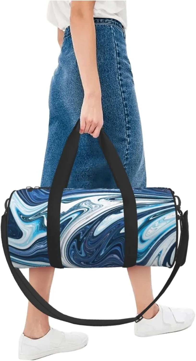 Blue And White Camo Cool Marble Abstract Fluid Liquid Foldable Duffle Bag For Women - Workout Bag For Gym Men - Boy Gym Bag - Girls Small Weekender Duffel Bag - Packable Luggage Bag For Travel Sports
