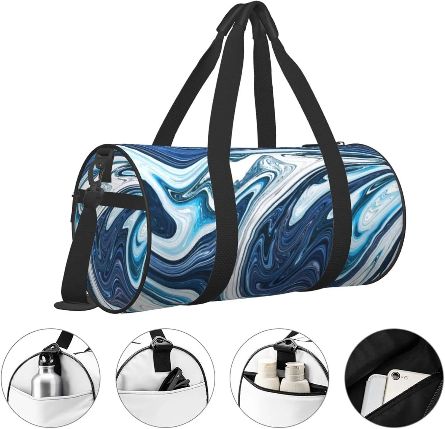 Blue And White Camo Cool Marble Abstract Fluid Liquid Foldable Duffle Bag For Women - Workout Bag For Gym Men - Boy Gym Bag - Girls Small Weekender Duffel Bag - Packable Luggage Bag For Travel Sports