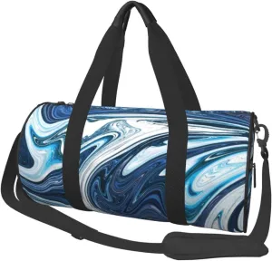 Blue And White Camo Cool Marble Abstract Fluid Liquid Foldable Duffle Bag For Women - Workout Bag For Gym Men - Boy Gym Bag - Girls Small Weekender Duffel Bag - Packable Luggage Bag For Travel Sports