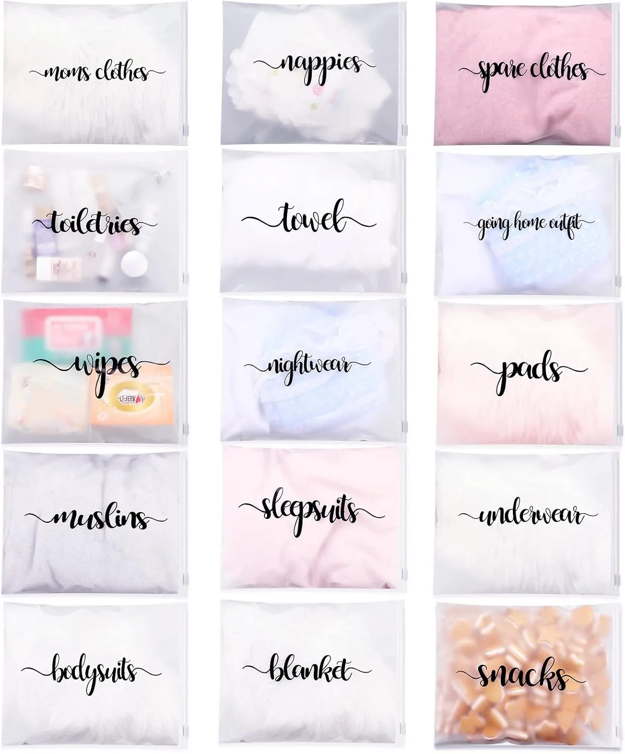 Boao 15 Pack Hospital Bags for Labor and Delivery 11 x 14 Inch Diaper Bag Organizing Pouches Resealable Maternity Hospital Pouches(Black Letter)