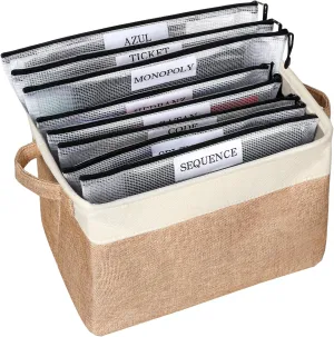Board Game Storage Kit Include Storage Basket and 10pcs Zipper Bags, Board Game Organizer with Writable Stickers and Dispensing, Suitable for Board Games, Toys, Travel Accessories, Document (Beige)