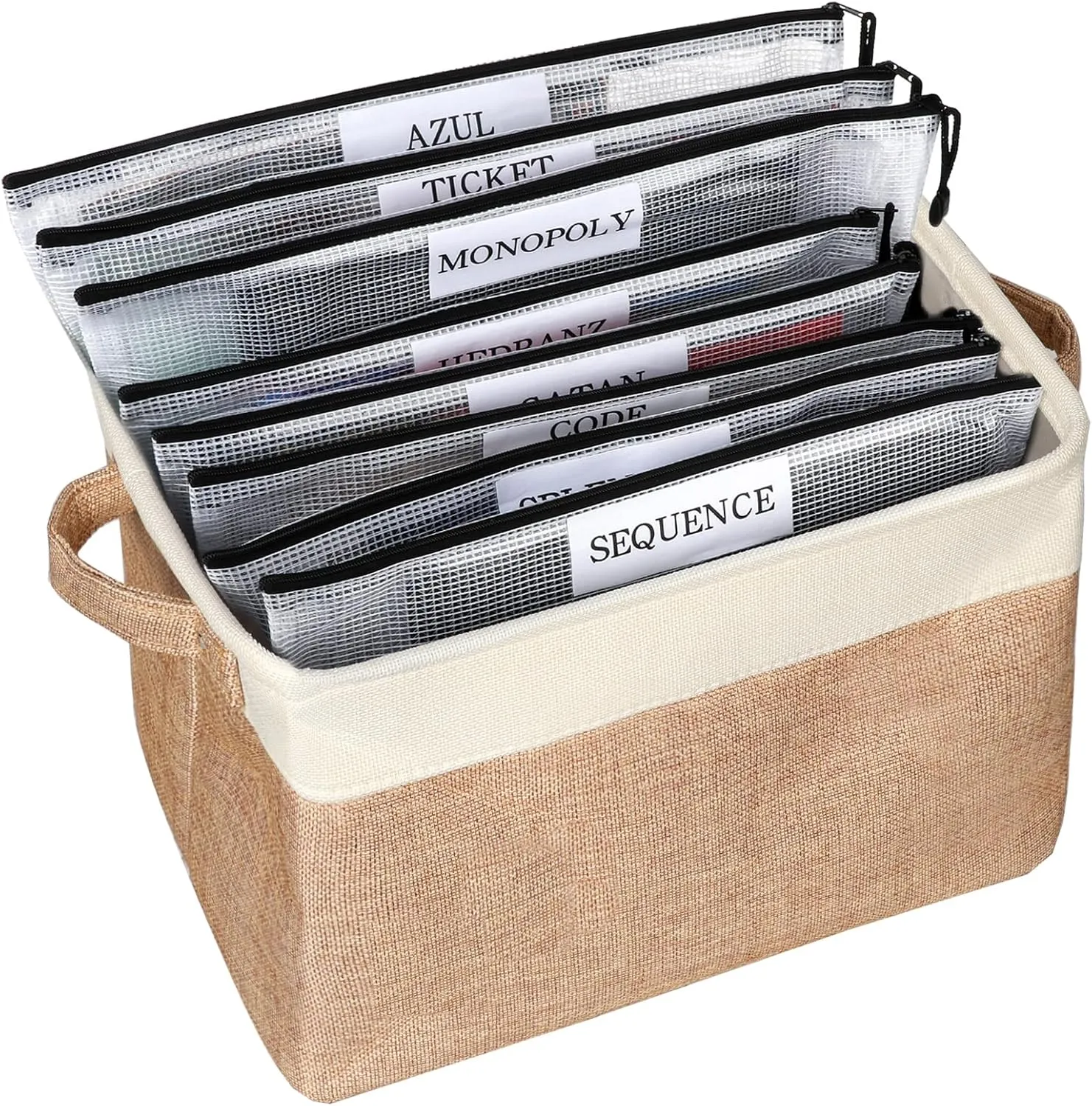 Board Game Storage Kit Include Storage Basket and 10pcs Zipper Bags, Board Game Organizer with Writable Stickers and Dispensing, Suitable for Board Games, Toys, Travel Accessories, Document (Beige)