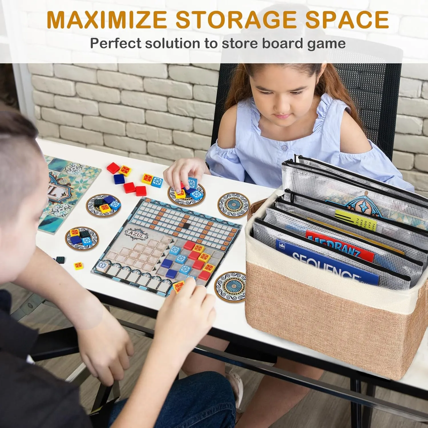 Board Game Storage Kit Include Storage Basket and 10pcs Zipper Bags, Board Game Organizer with Writable Stickers and Dispensing, Suitable for Board Games, Toys, Travel Accessories, Document (Beige)