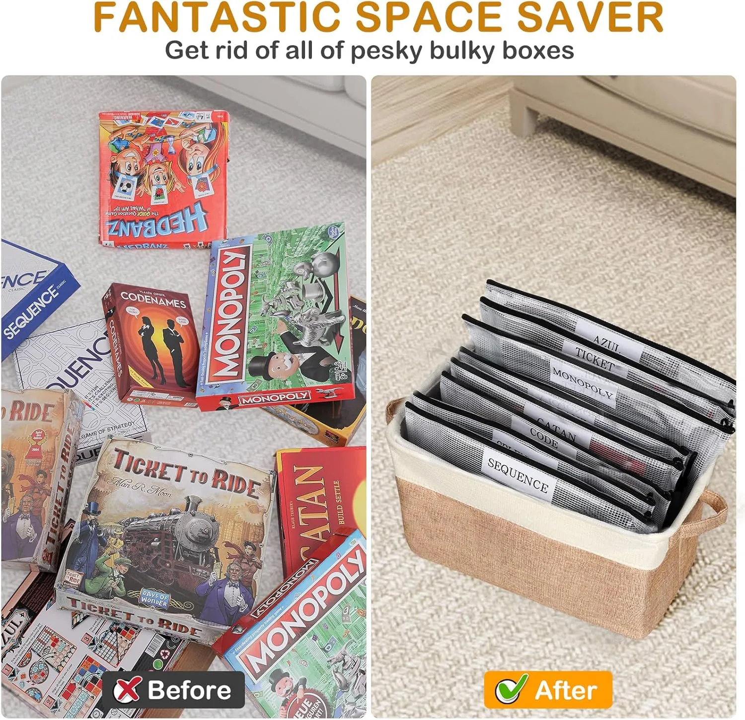 Board Game Storage Kit Include Storage Basket and 10pcs Zipper Bags, Board Game Organizer with Writable Stickers and Dispensing, Suitable for Board Games, Toys, Travel Accessories, Document (Beige)