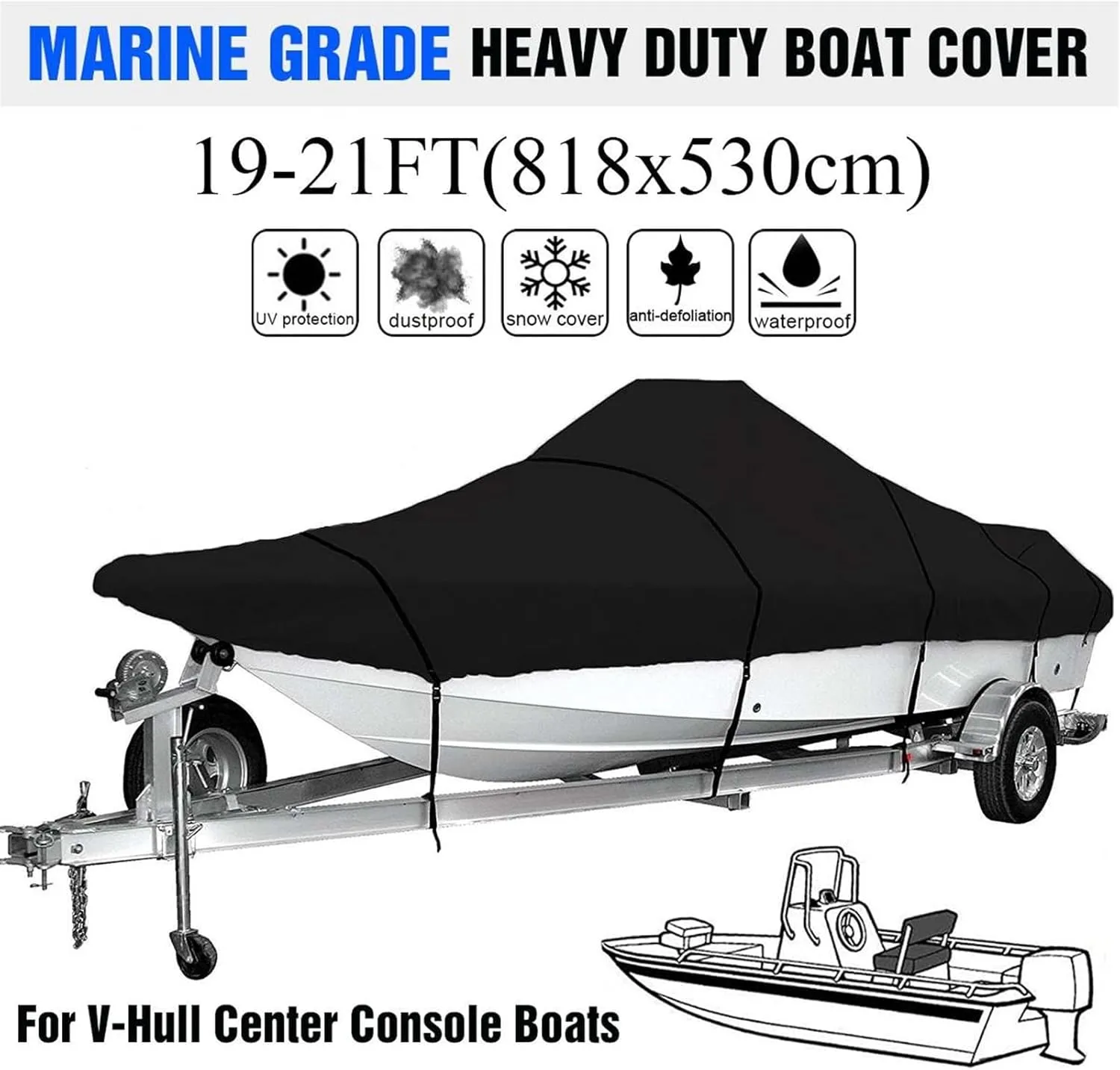 Boat Cover 17ft-25ft Heavy-Duty Trailerable Boat Cover 600D Waterproof Fish-Ski V-Hull Boat Mooring Cover Dust-Proof Anti-UV Protection (Size:19-21ft)