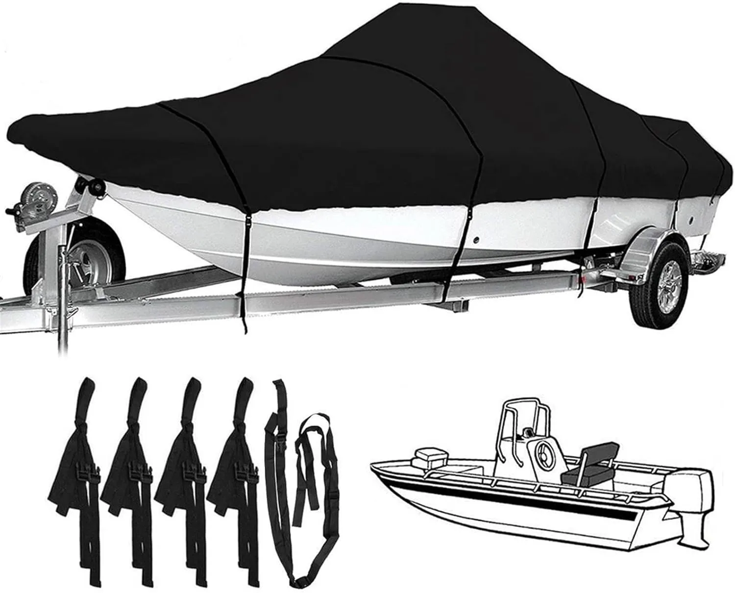 Boat Cover 17ft-25ft Heavy-Duty Trailerable Boat Cover 600D Waterproof Fish-Ski V-Hull Boat Mooring Cover Dust-Proof Anti-UV Protection (Size:19-21ft)