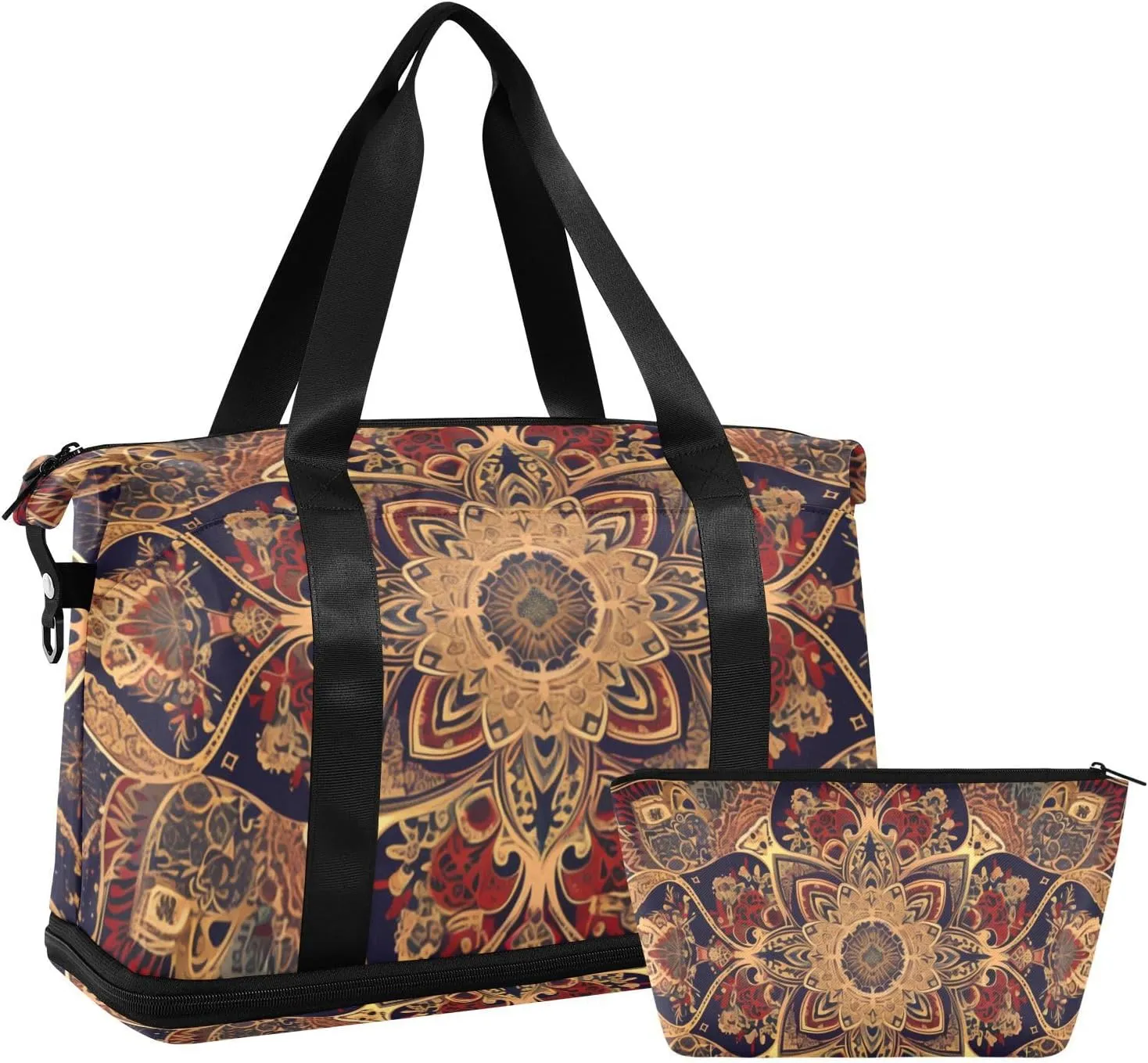 Bohemian-style Mandala Pattern Vintage Travel Tote Gym Bag Carry On Weekend Bag with Toiletry Bag for Airplane Traveling Waterproof