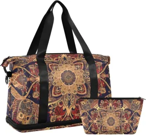 Bohemian-style Mandala Pattern Vintage Travel Tote Gym Bag Carry On Weekend Bag with Toiletry Bag for Airplane Traveling Waterproof