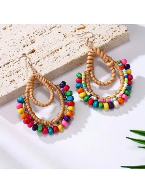 Bohemian Woven Rattan & Multi Color Wooden Bead Earrings
