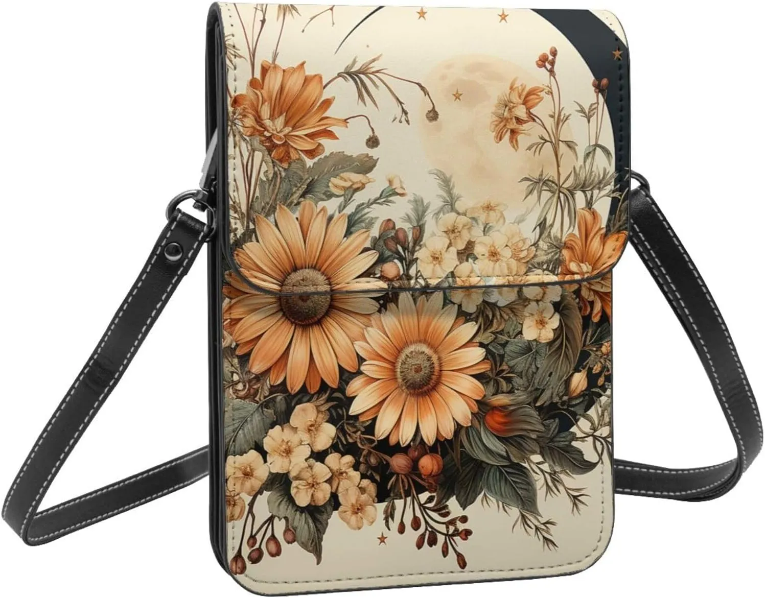 Boho nature flower moon phase vintage crossbody cell phone purse for womens lightweight small soft leather fashion travel wallet with adjustable strap
