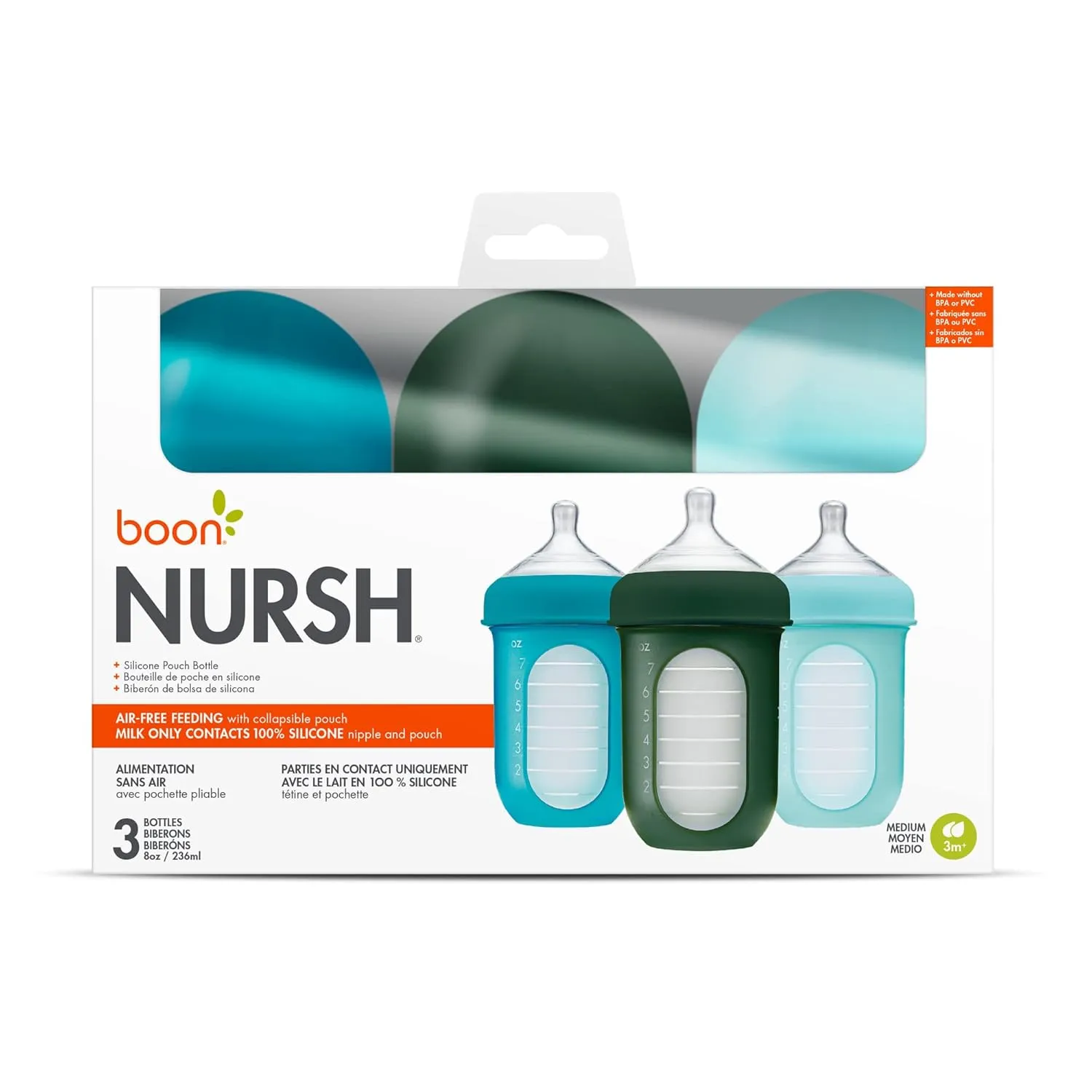 Boon Nursh Reusable Silicone Pouch Baby Bottles - Medium Flow Nipple - Silicone Baby Bottle Pouch and Nipple - Baby Feeding Essentials - Blue - 3-6 Months - 3 Count - 8 Ounce