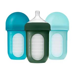 Boon Nursh Reusable Silicone Pouch Baby Bottles - Medium Flow Nipple - Silicone Baby Bottle Pouch and Nipple - Baby Feeding Essentials - Blue - 3-6 Months - 3 Count - 8 Ounce
