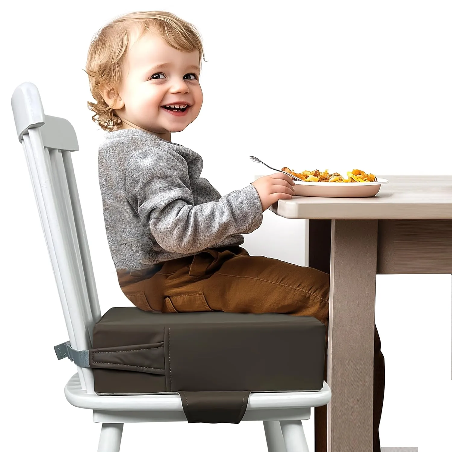 Booster Seat for Kitchen Chair (PU Material),Toddler Booster Seats for Dining Table Portable for Travel Camping Eating Double Safe Straps Non-Slip Bottom (Dark Brown)