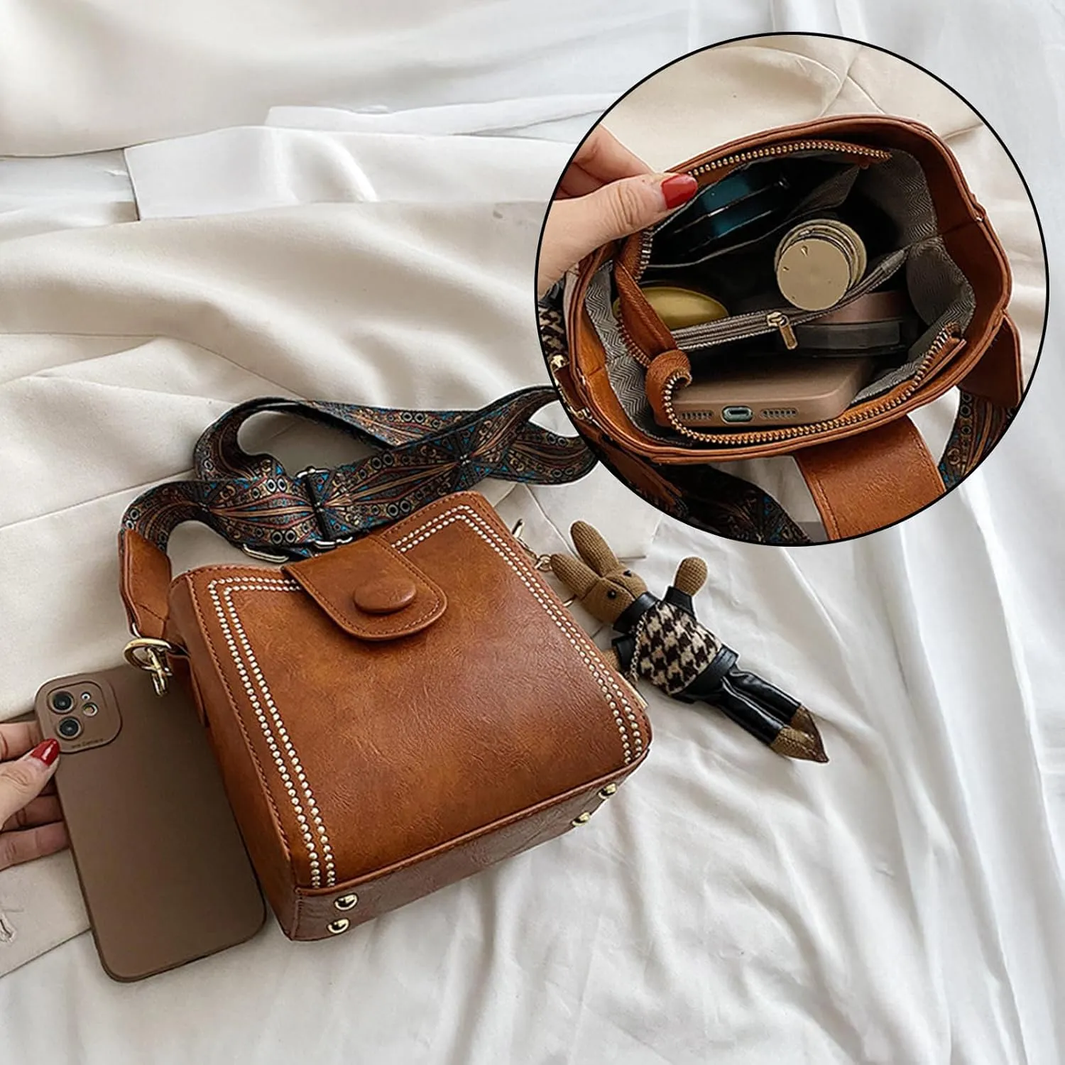 Bootara Bucket Bag–Women's Vintage Convertible Shoulder Crossbody Bag with Bunny Charm,Spacious Retro Travel Tot