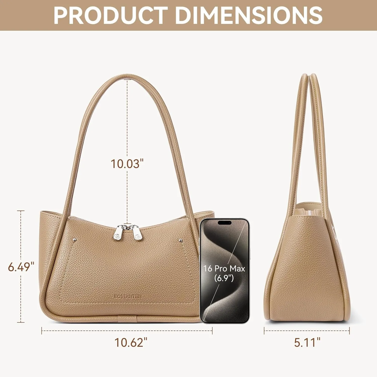 BOSTANTEN Small Purses for Women Trendy Shoulder Bag Vegan Leather Hobo Handbags with Double Zipper