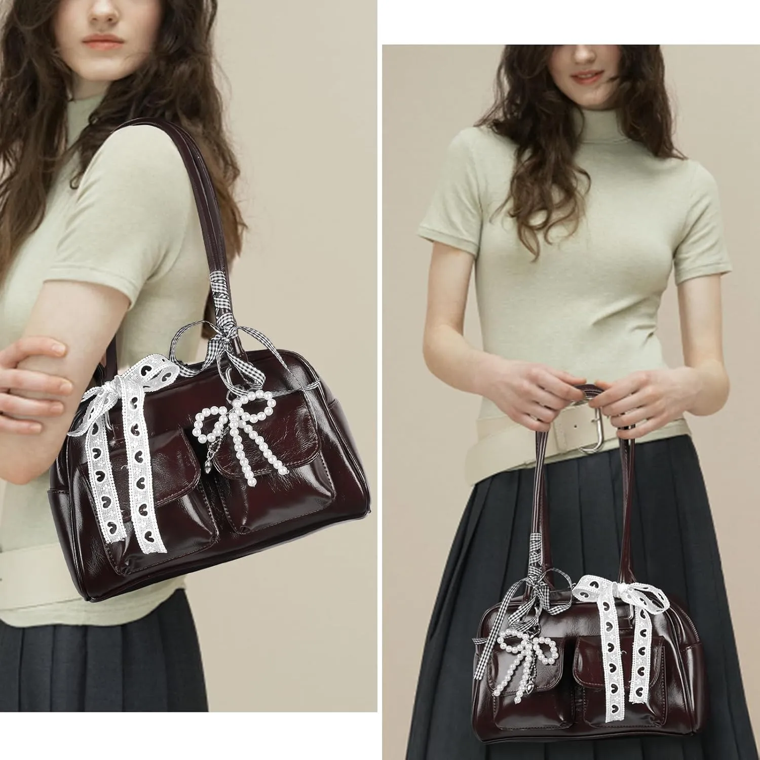 Bow Purse Cute Ita Bag Aesthetic Japanese Shoulder Bag Y2K Purse Leather Tote Bag Satchel Handbag Purse