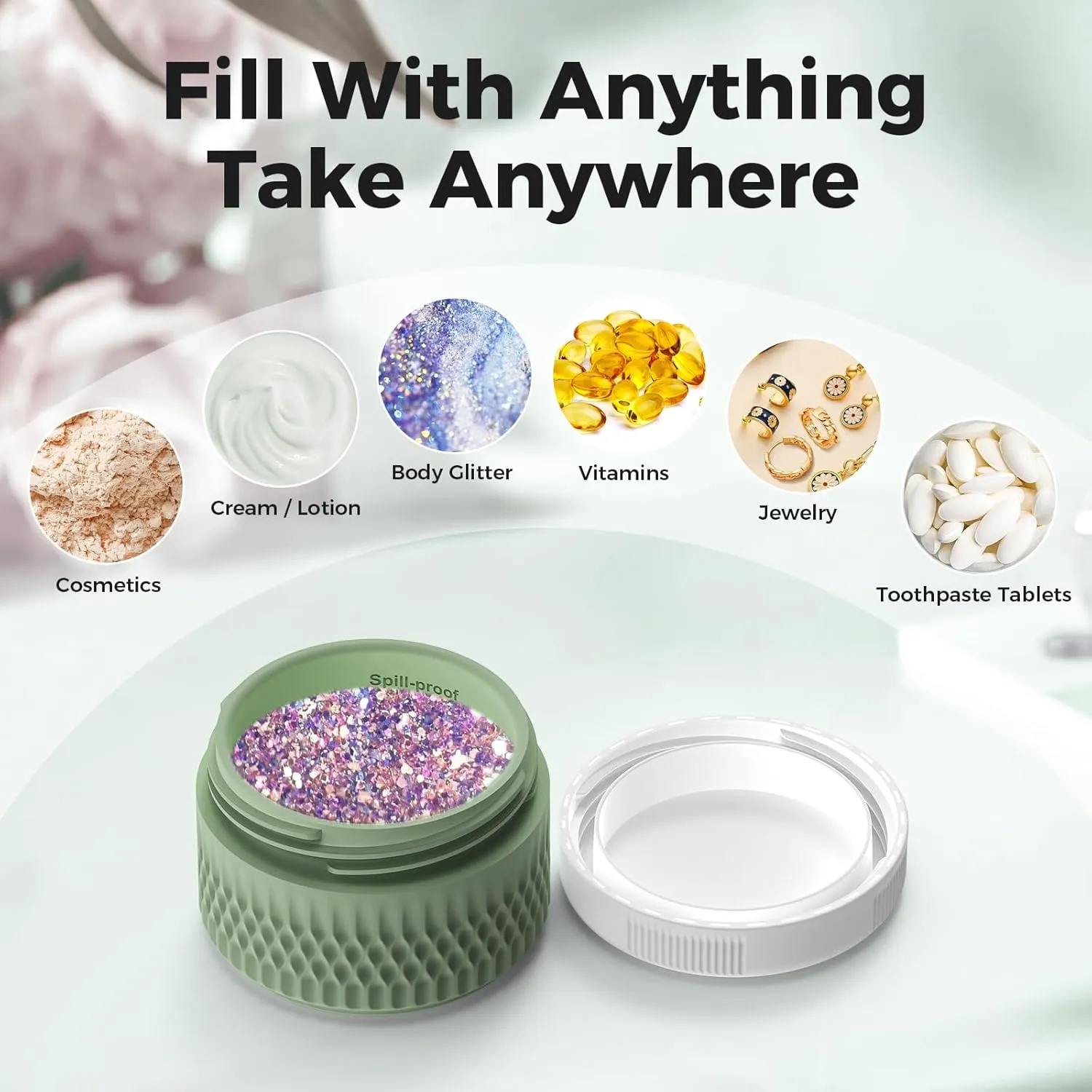 BPA Free Silicone Cream Jars - TSA Approved 3oz Travel Size Containers, Leak-proof with Lid for Cosmetic, Face, Hand, Body Glitters
