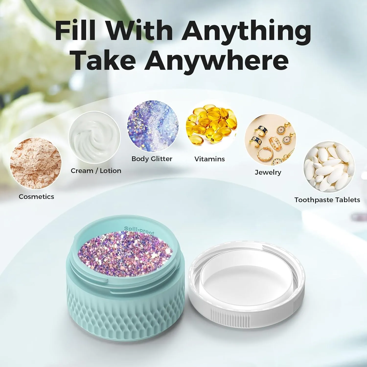 BPA Free Silicone Cream Jars - TSA Approved 3oz Travel Size Containers, Leak-proof with Lid for Cosmetic, Face, Hand, Body Glitters