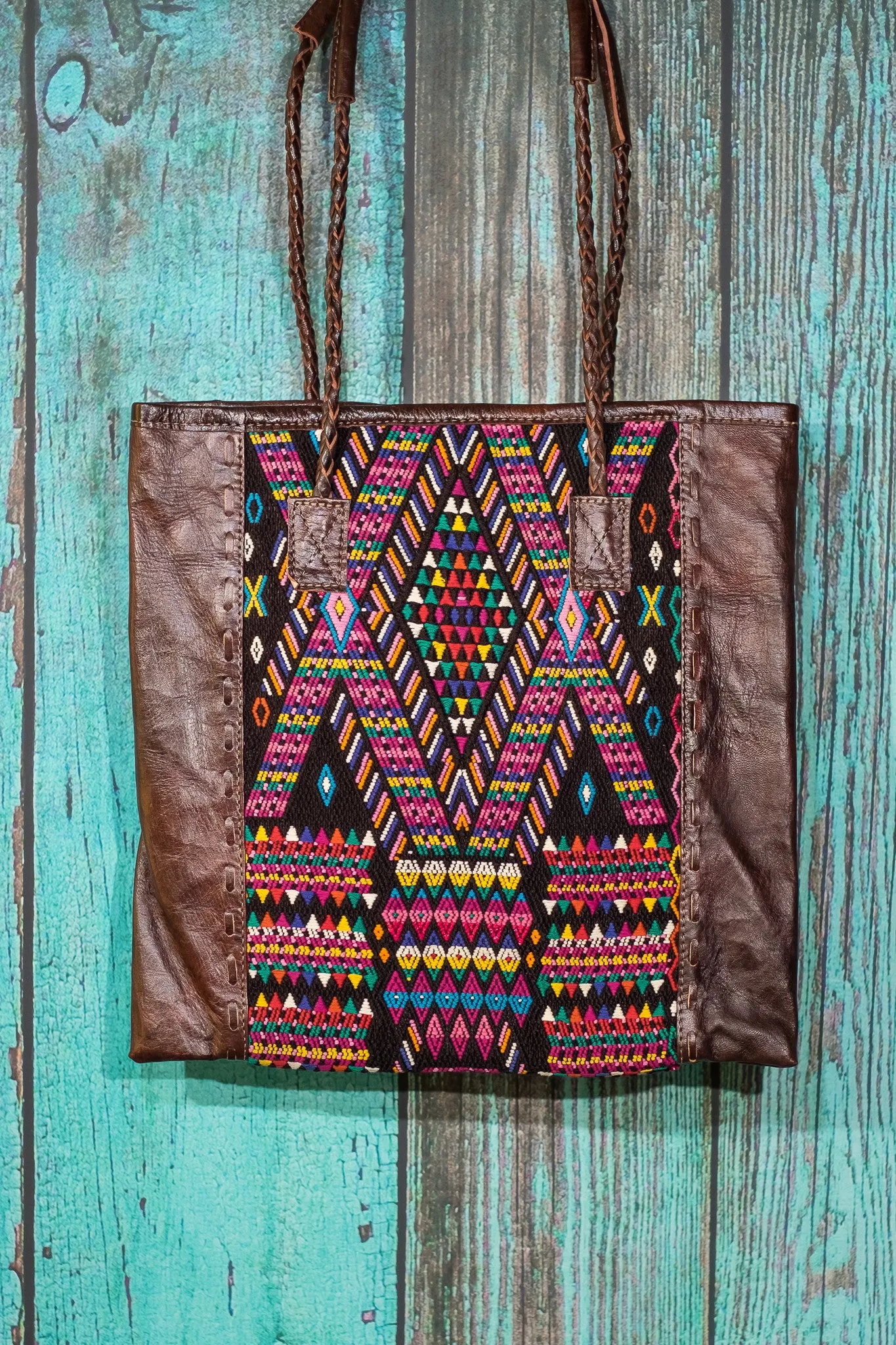 Braided Huipil Leather Tote Bag Purse XX