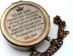 Brass Compass with Wooden Case – Engraved Compass for Son – Mom to Son Compass – Graduation Gifts for Son – Birthday, Christmas, Travel Keepsake