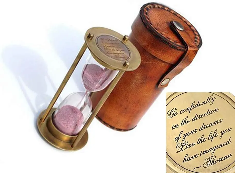 Brass Hourglass with Inspirational Quote Go Confidently by Thoreau, Timeless Sand Timer with Premium Leather Storage Case, Motivational Gift for Dreamers & Achievers