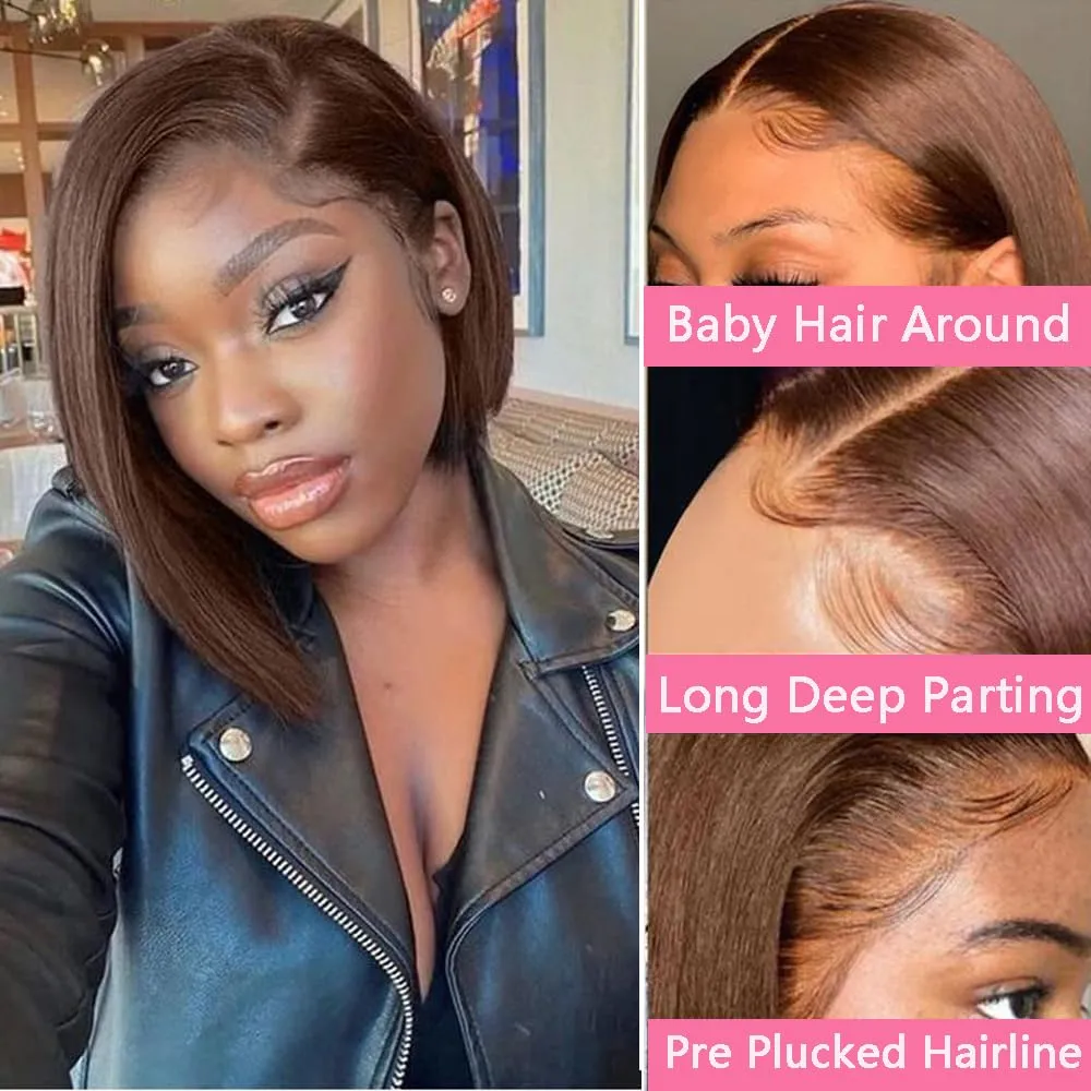 Brazilian Hair Chocolate Brown Bob Wig Human Hair 12 Inch 13x4 Bob #4 Brown Lace Front Wigs With Baby Hair HD Transparent Lace Frontal Glueless Wigs Human Hair Short Straight Bob Wigs for Women