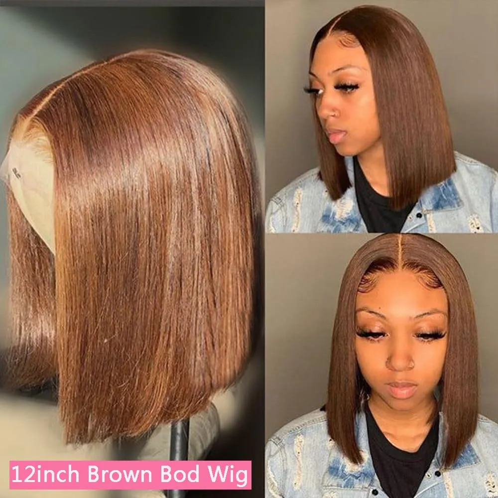 Brazilian Hair Chocolate Brown Bob Wig Human Hair 12 Inch 13x4 Bob #4 Brown Lace Front Wigs With Baby Hair HD Transparent Lace Frontal Glueless Wigs Human Hair Short Straight Bob Wigs for Women