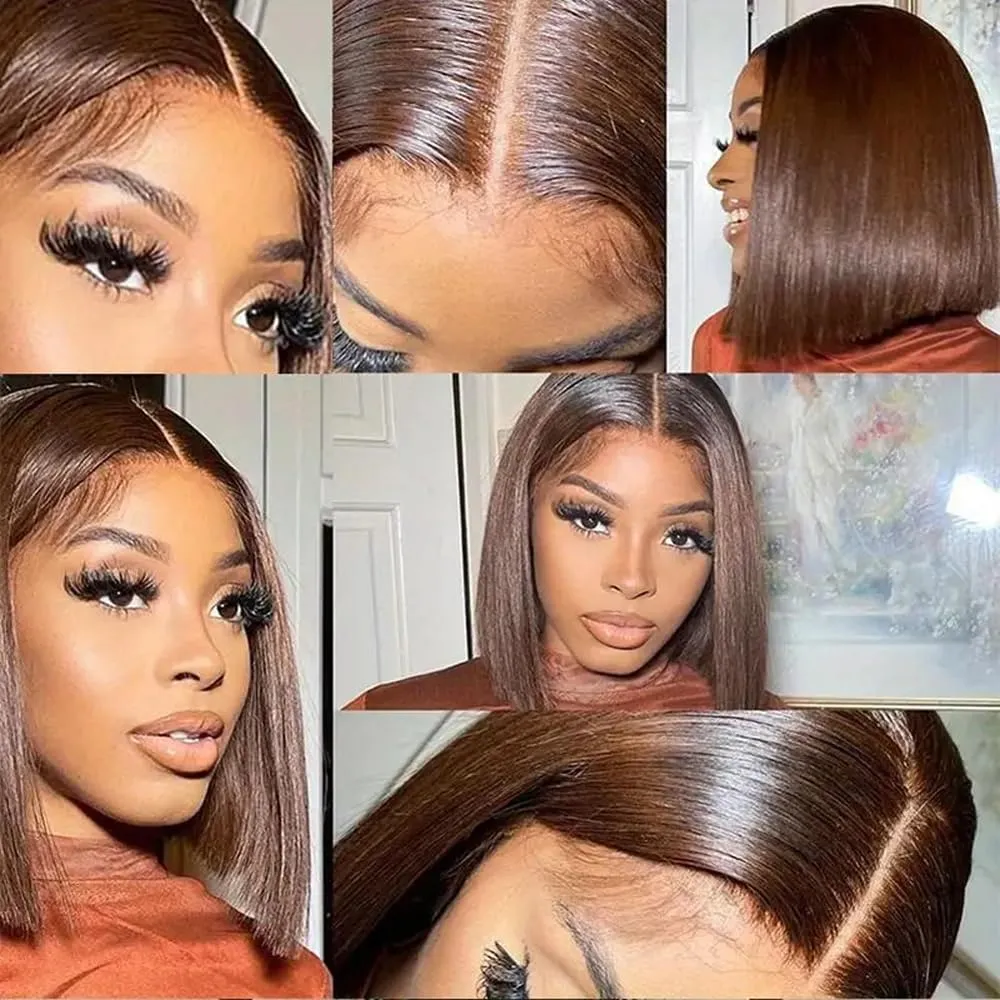 Brazilian Hair Chocolate Brown Bob Wig Human Hair 12 Inch 13x4 Bob #4 Brown Lace Front Wigs With Baby Hair HD Transparent Lace Frontal Glueless Wigs Human Hair Short Straight Bob Wigs for Women