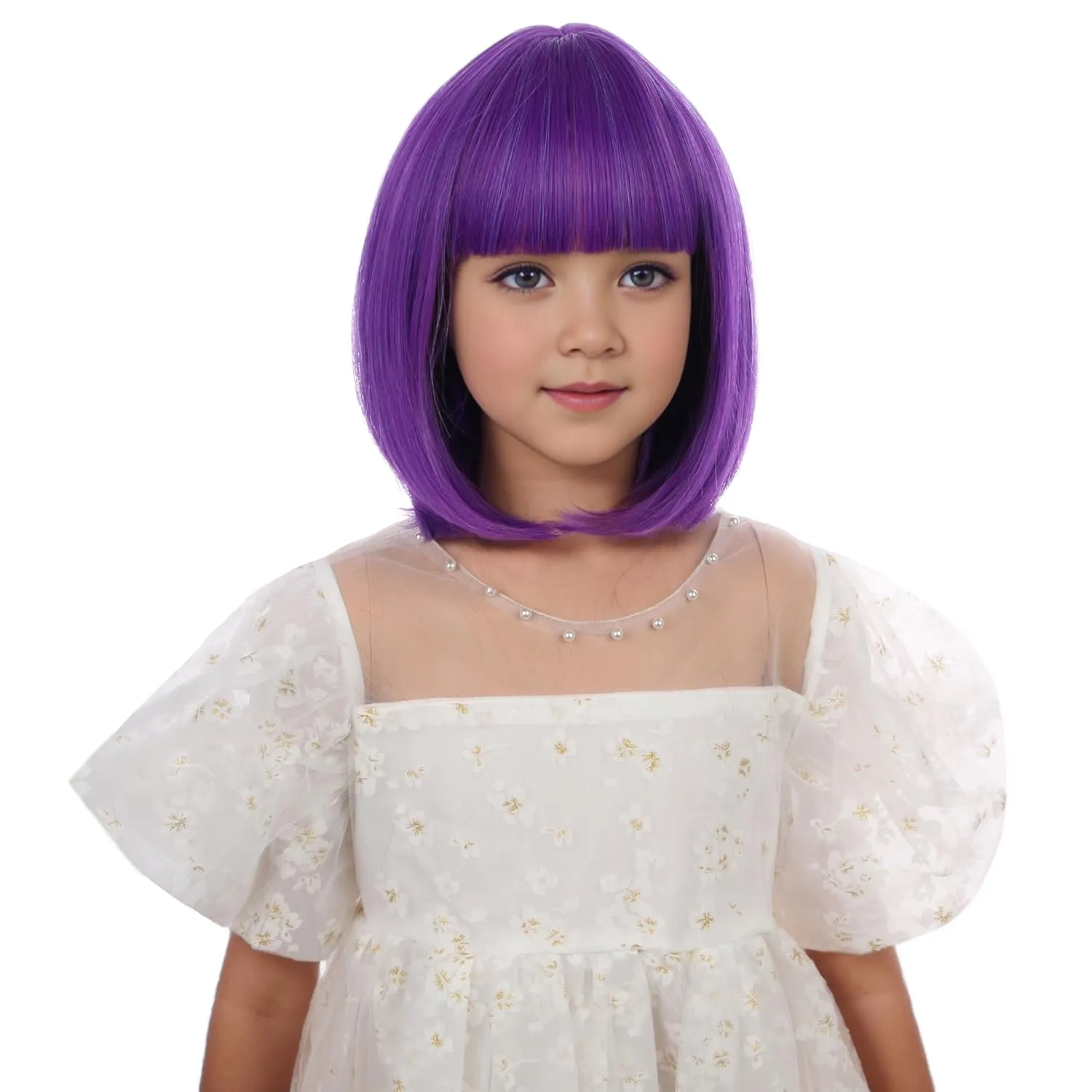Bright Purple Bob Wig for Kids Girls Short Purple Bob Wig with Bangs Heat Resistant Synthetic Wig with Wig Cap