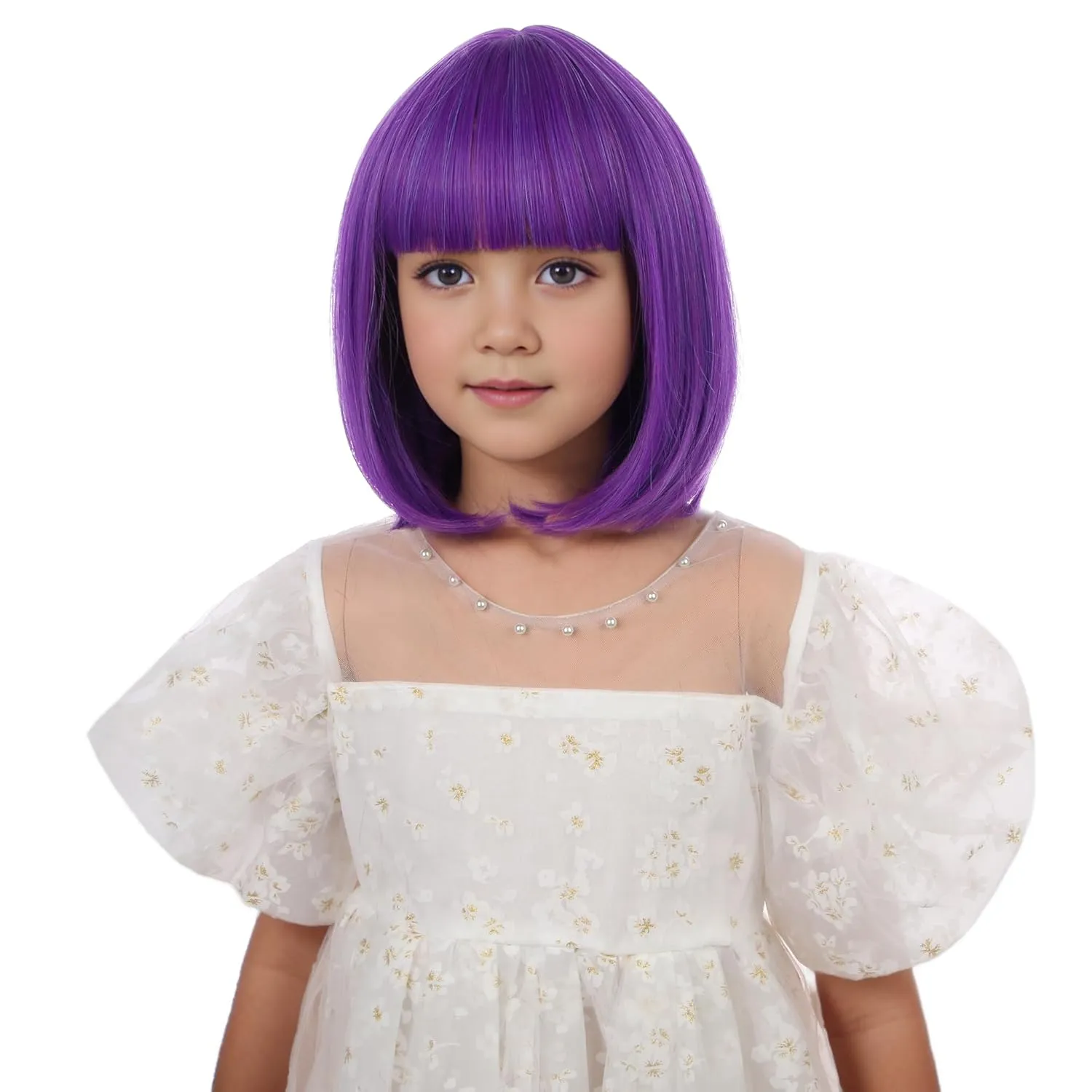 Bright Purple Bob Wig for Kids Girls Short Purple Bob Wig with Bangs Heat Resistant Synthetic Wig with Wig Cap
