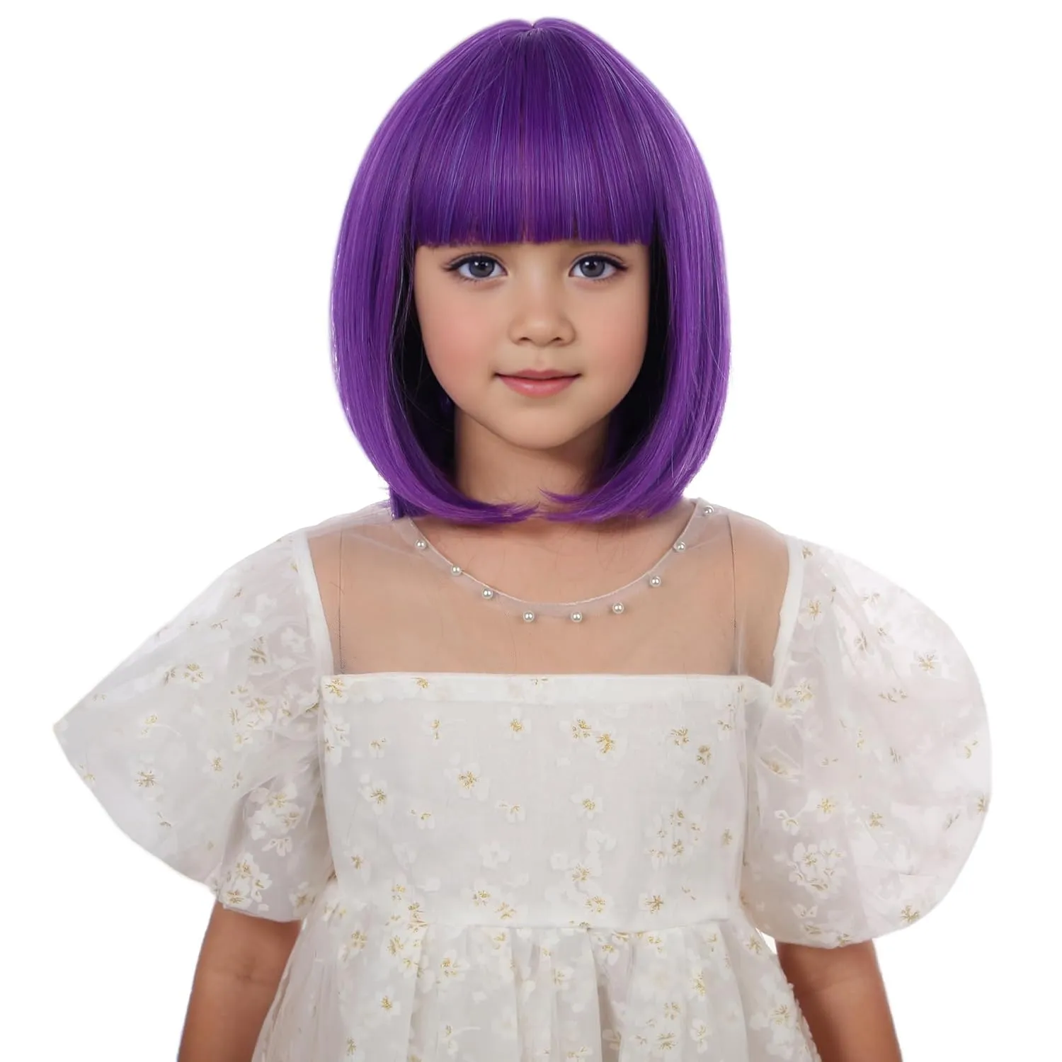 Bright Purple Bob Wig for Kids Girls Short Purple Bob Wig with Bangs Heat Resistant Synthetic Wig with Wig Cap