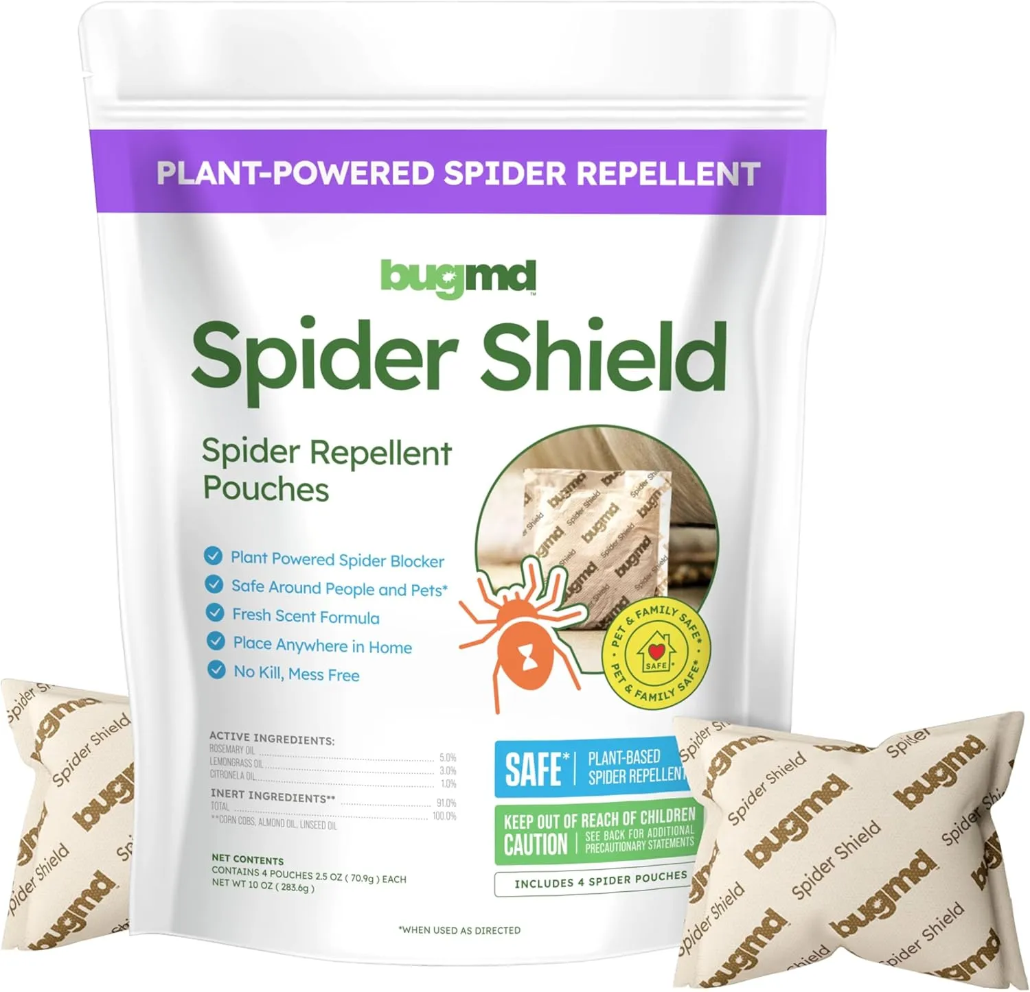 BugMD Spider Shield Repellent Pouches | Plant-Based Indoor & Outdoor Spider Repellent | Safe for Pets & Family | Natural Citronella, Rosemary & Lemongrass Oils | Long-Lasting Spider Protection