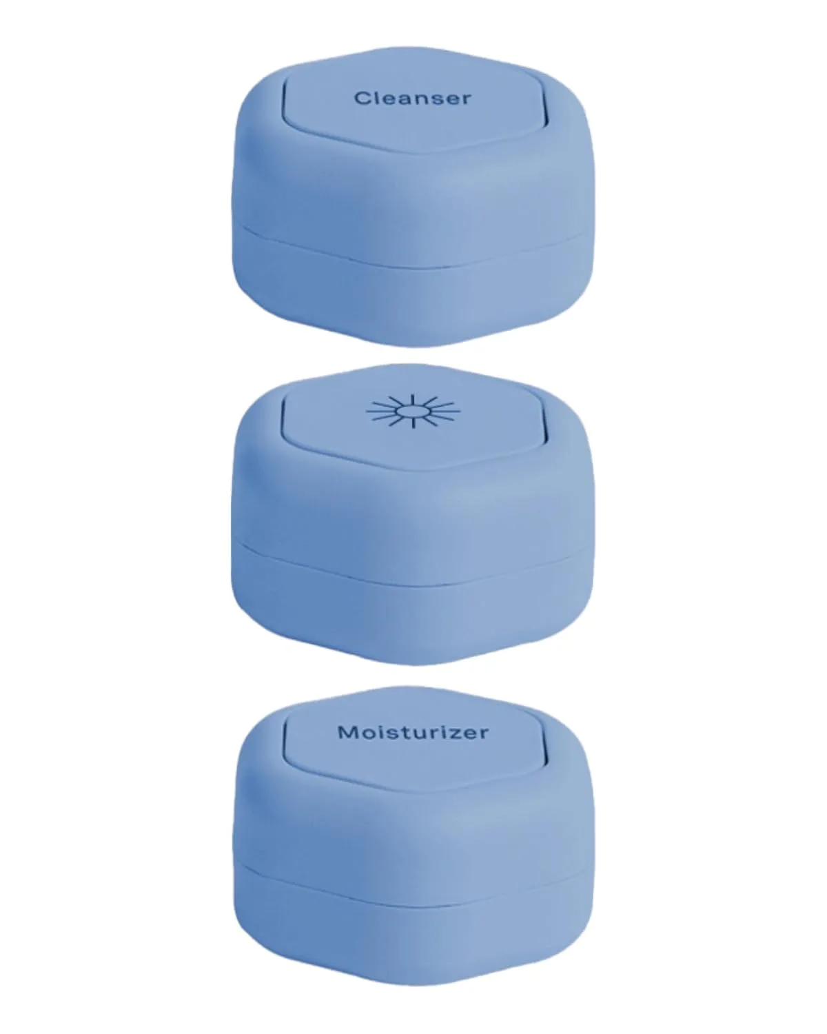 Cadence Travel Containers - Basic Skincare Set - Magnetic Travel Capsules - Facial Cleanser, Moisturizer, Sunscreen - 3 Small Capsules (0.56oz) with Cleanser, Moisturizer & Sun-Icon Label - Pacific