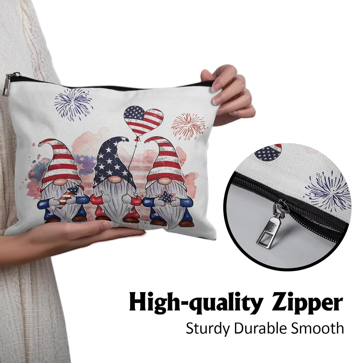 Cafl Patriotic Gnomes Makeup Bag 4th of July Dwarf Cosmetic Bag for Women Large Capacity Make Up Bag Portable Travel Toiletry Pouch Organizer 10 * 8inch