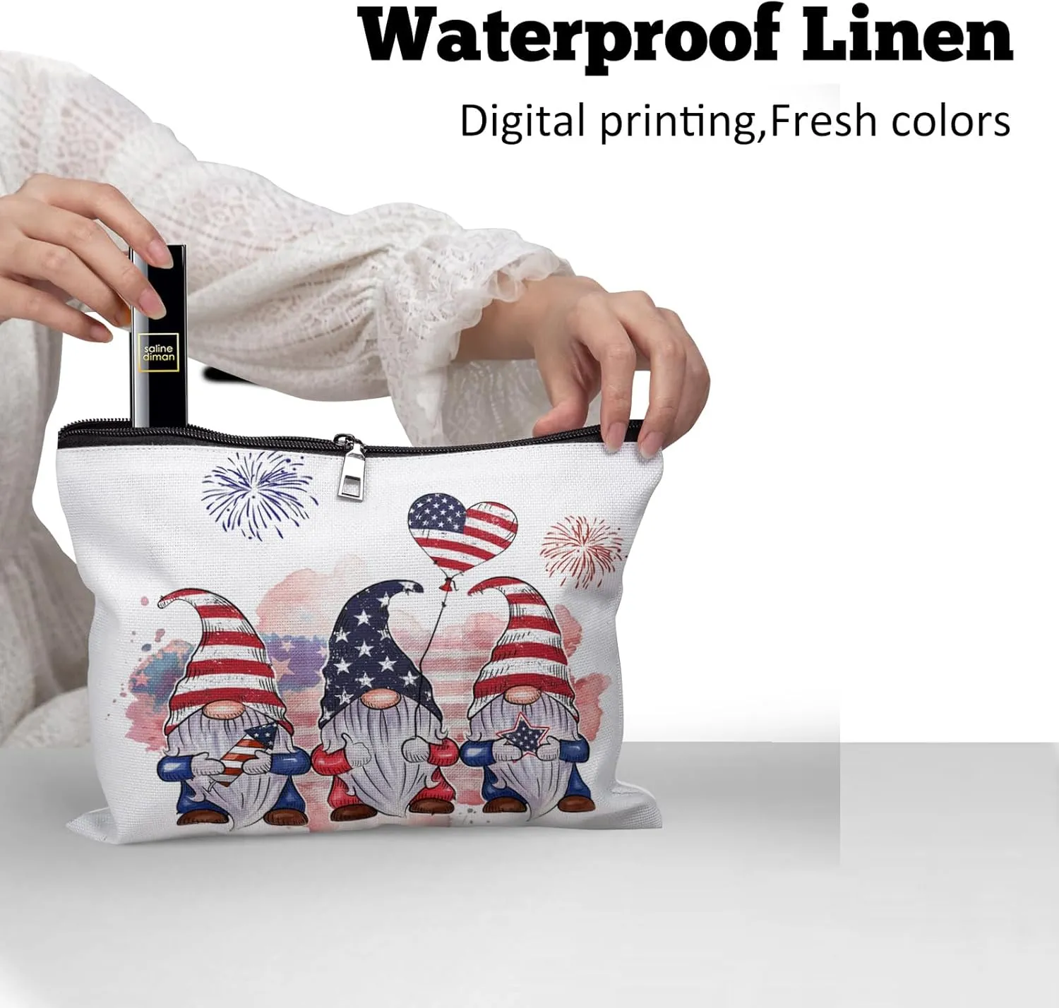 Cafl Patriotic Gnomes Makeup Bag 4th of July Dwarf Cosmetic Bag for Women Large Capacity Make Up Bag Portable Travel Toiletry Pouch Organizer 10 * 8inch