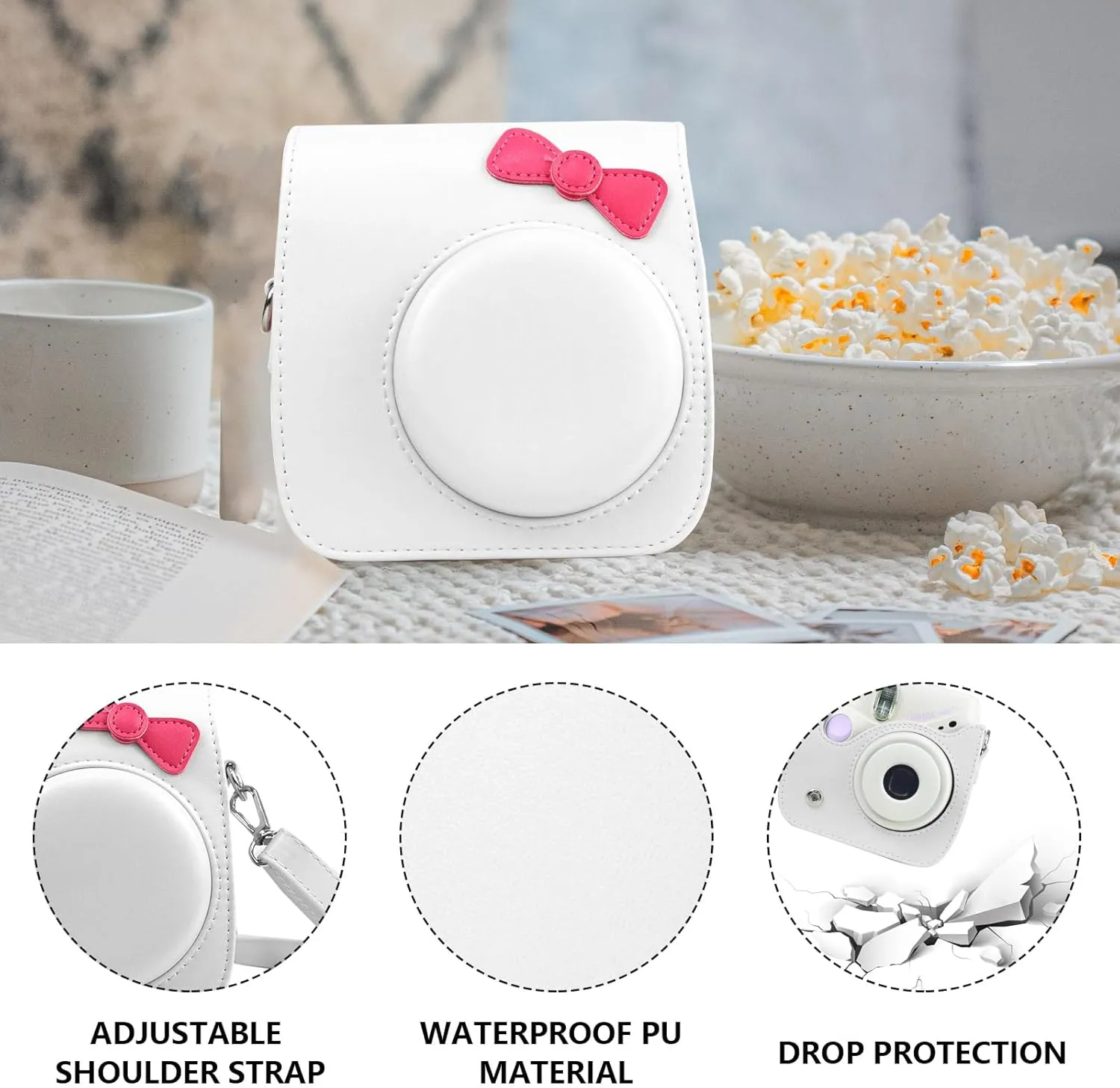 CAIYOULE Case for Fujifilm Instax Mini 7 /7s/7c Instant Film Camera Protective Bag with Adjustable Shoulder Straps(No Camera)-White
