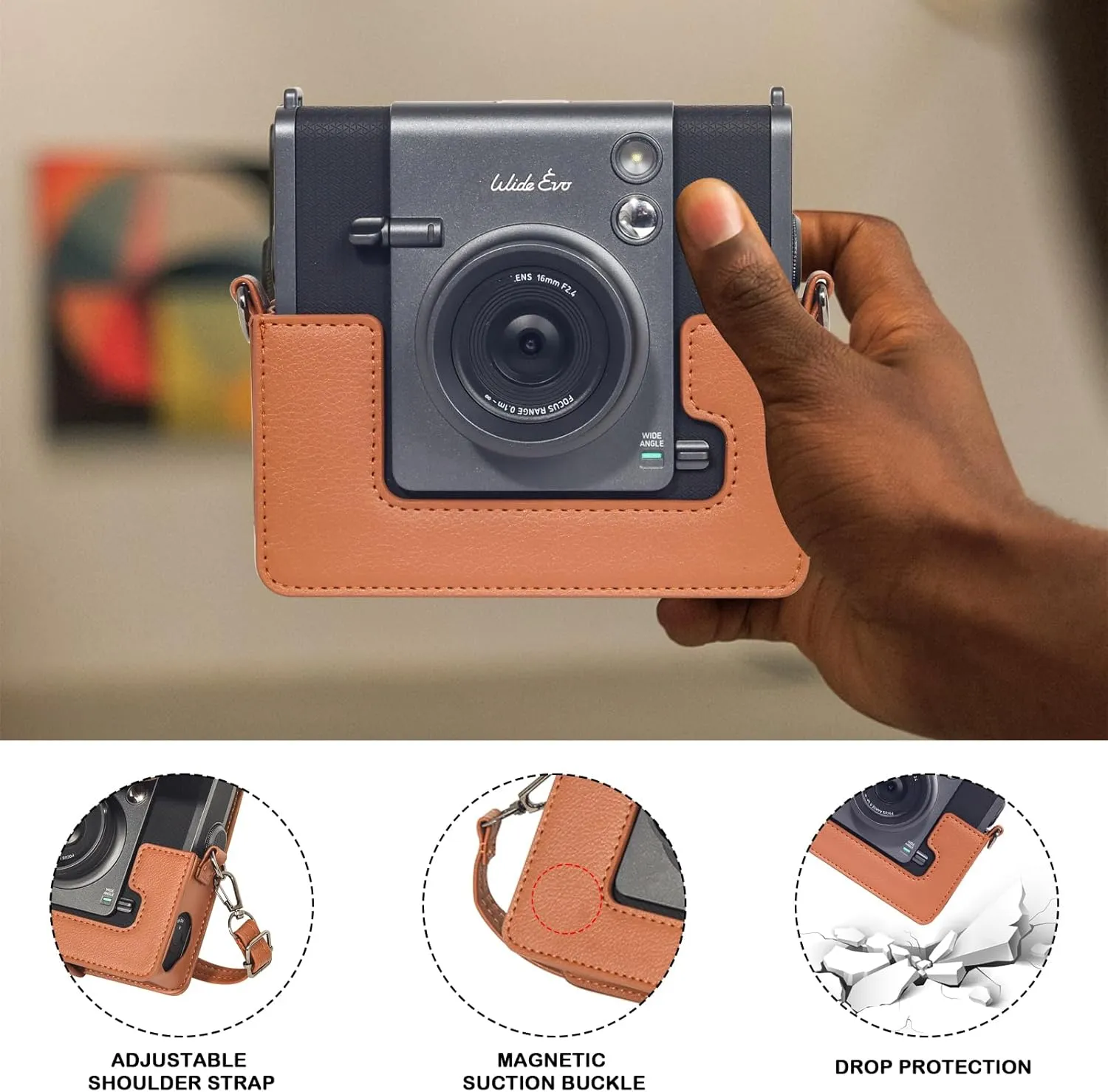 CAIYOULE Case for Fujiflim Instax Wide EVO Instant Camera PU Leather Bag and for Fuji Wide Film Photo Magnetic Picture Frame with Adjustable Straps Brown-（No Camera）