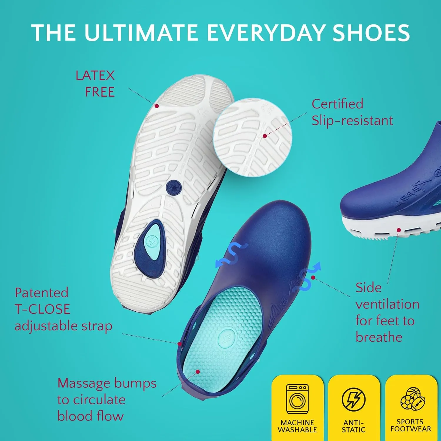 CALZURO Rebel - Non Slip Shoes - Rubber Slip Resistant Clogs with Adjustable Rear Strap - Autoclavable Non Slip Work Shoes for Men and Women