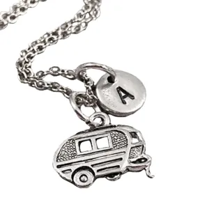 Camper necklace, camper charm, camping jewelry, camping necklace, personalize necklace, initial charm, monogram, travel trailer, rv, caravan