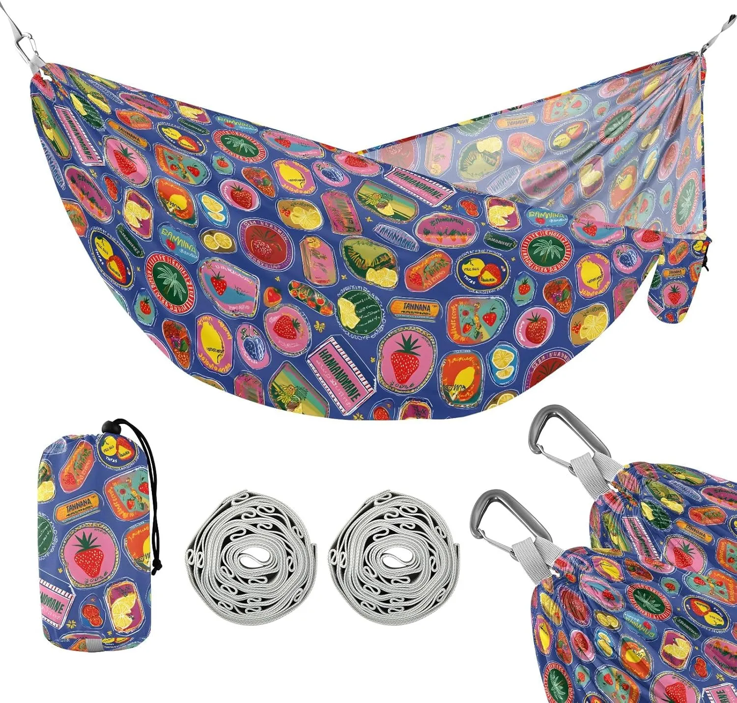 Camping Hammock Outdoor Hammocks for Outside Fruit Label Beach Trees Portable Lightweight with Pockets Tree Straps Indoor