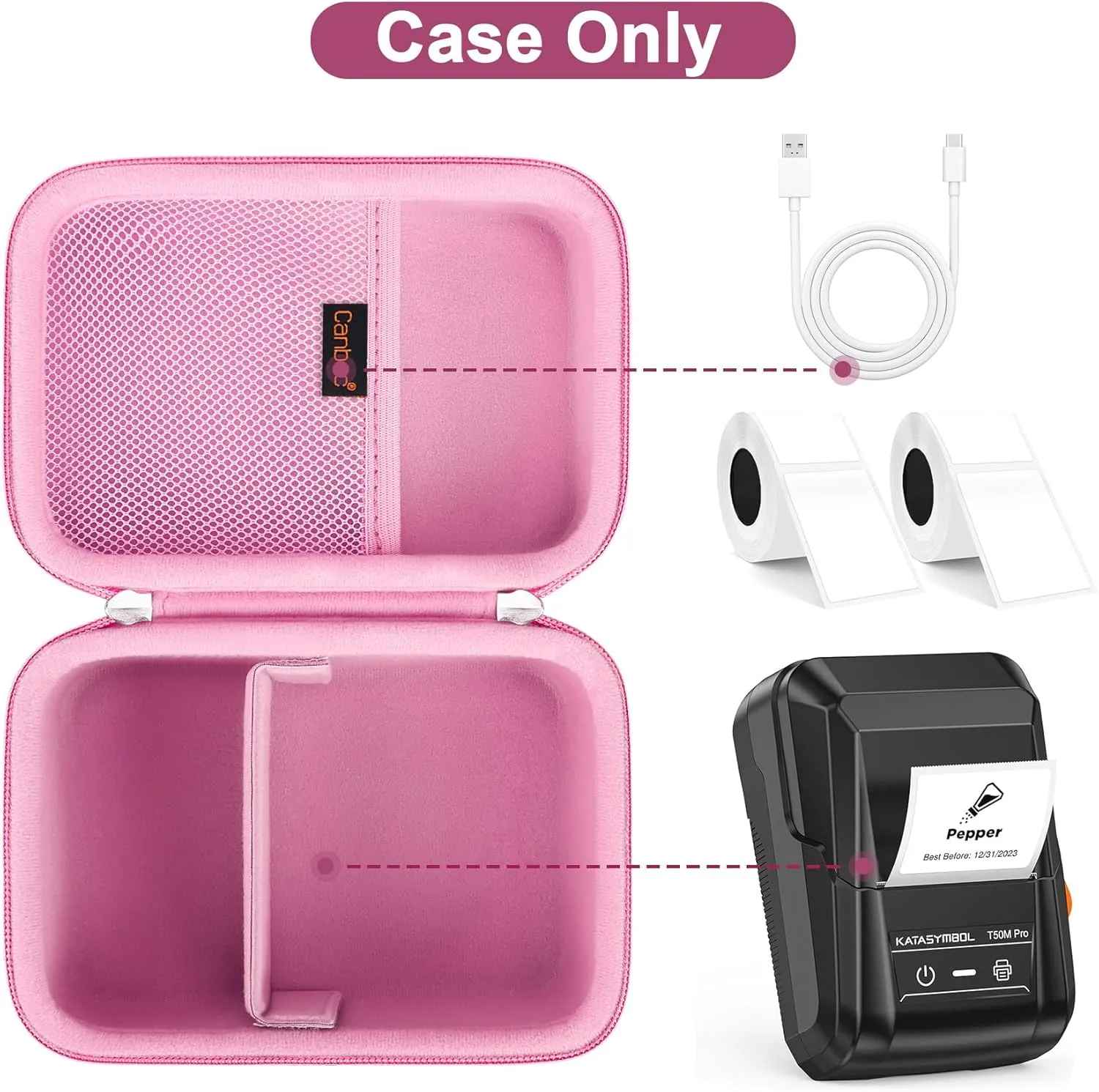 Canboc Carrying Case Compatible with SUPVAN T50M Pro Bluetooth Label Maker, Portable Mini Thermal Inkless Labeler Storage Bag fit Printer Labels, Cable, Pink (Case Only)