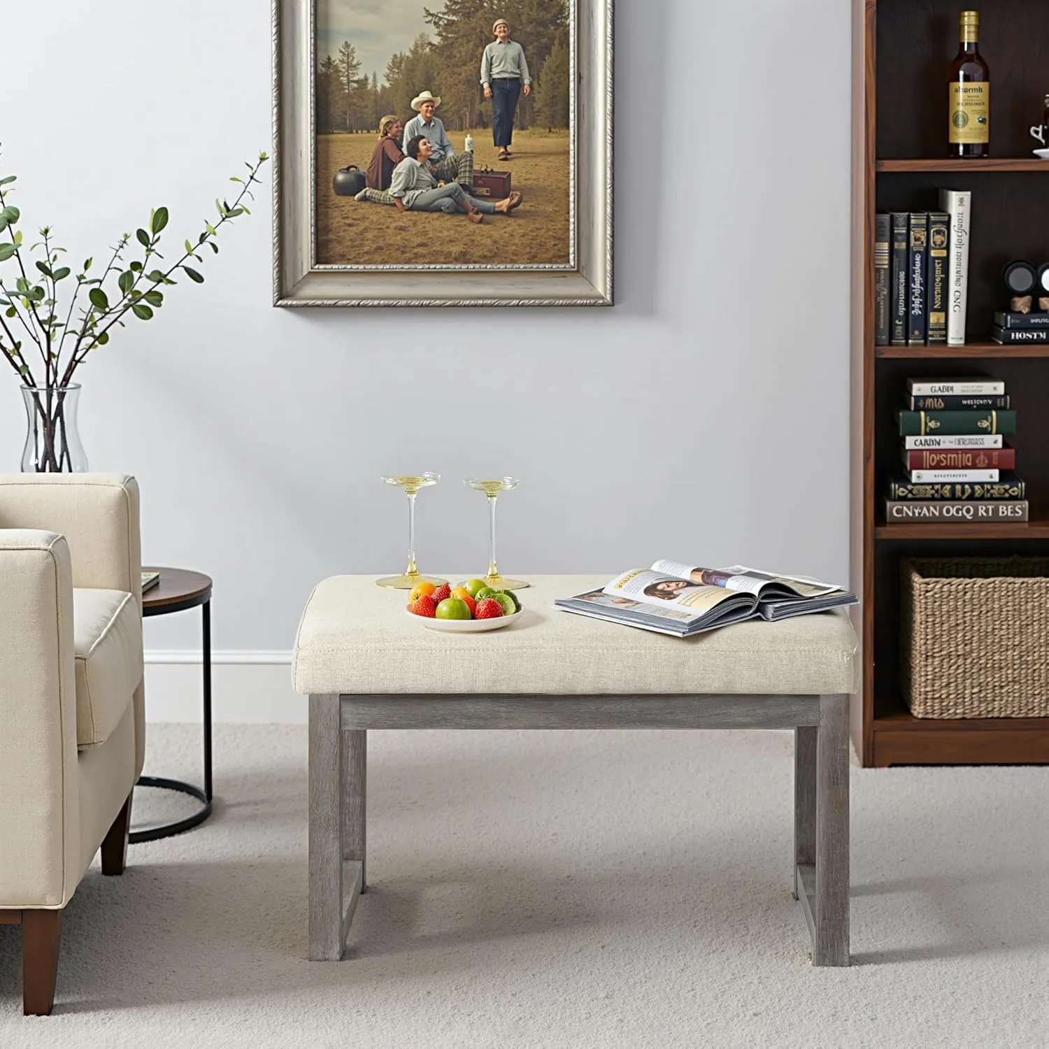 CangLong 27 Inch Wide Ottoman Bench, Rectangle Footstool with Linen Look Fabric and Wood Leg for Entryway, Bedroom & Living Room, Beige