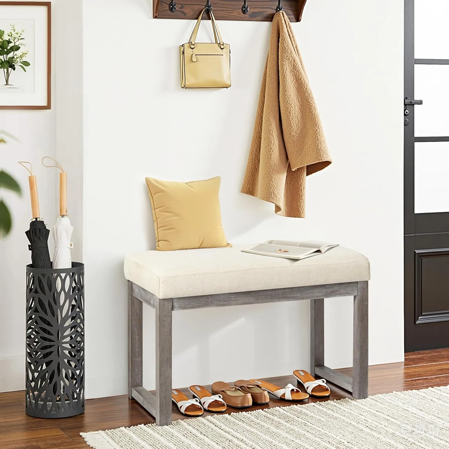 CangLong 27 Inch Wide Ottoman Bench, Rectangle Footstool with Linen Look Fabric and Wood Leg for Entryway, Bedroom & Living Room, Beige