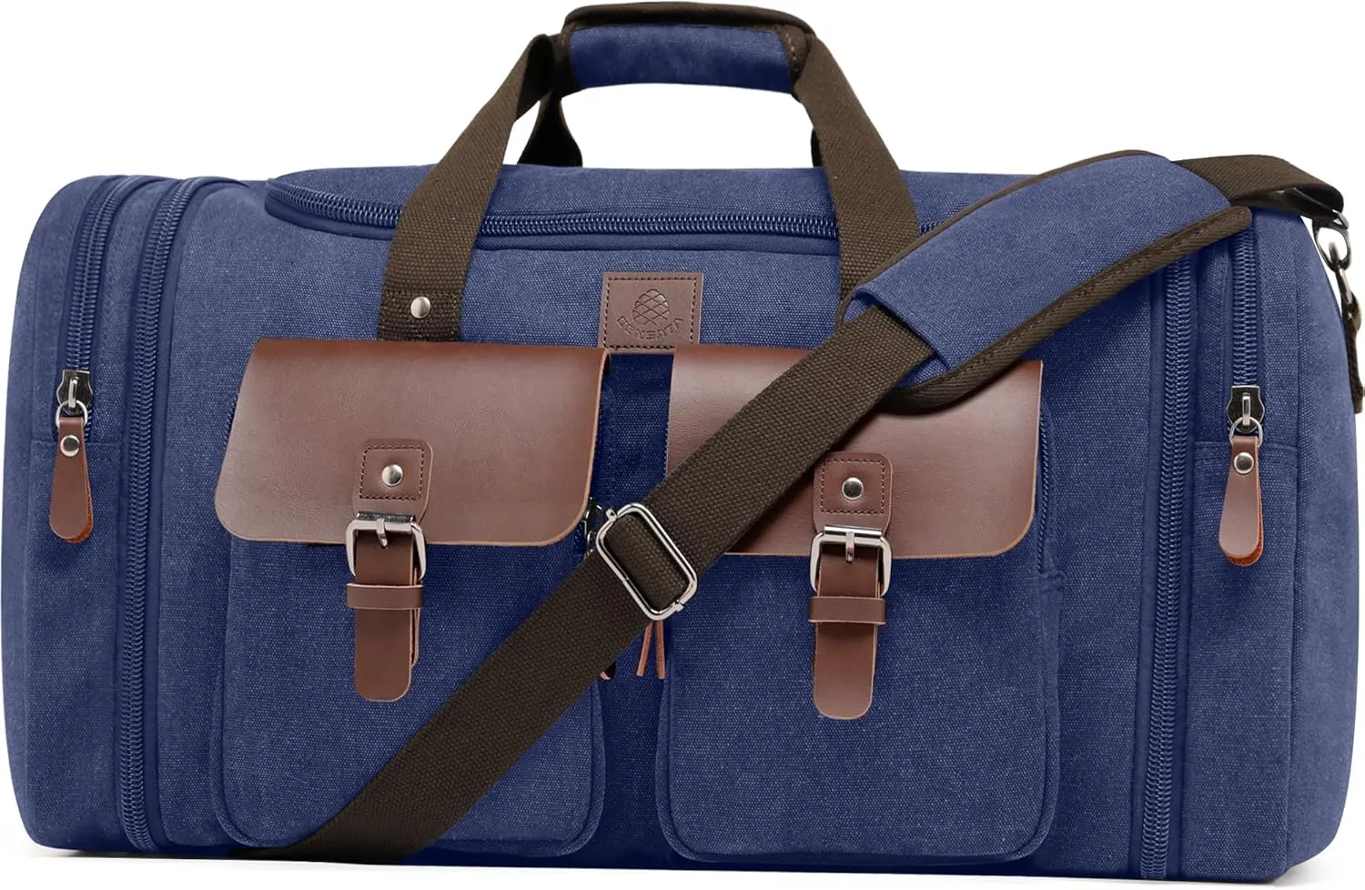 Canvas Duffle Bag for Men 60L Travel Duffel Bags Expandable Genuine Leather Duffel Overnight Weekender Carry On Bag Two Zipper Pockets Travel Bag(Blue, X Large-60L)