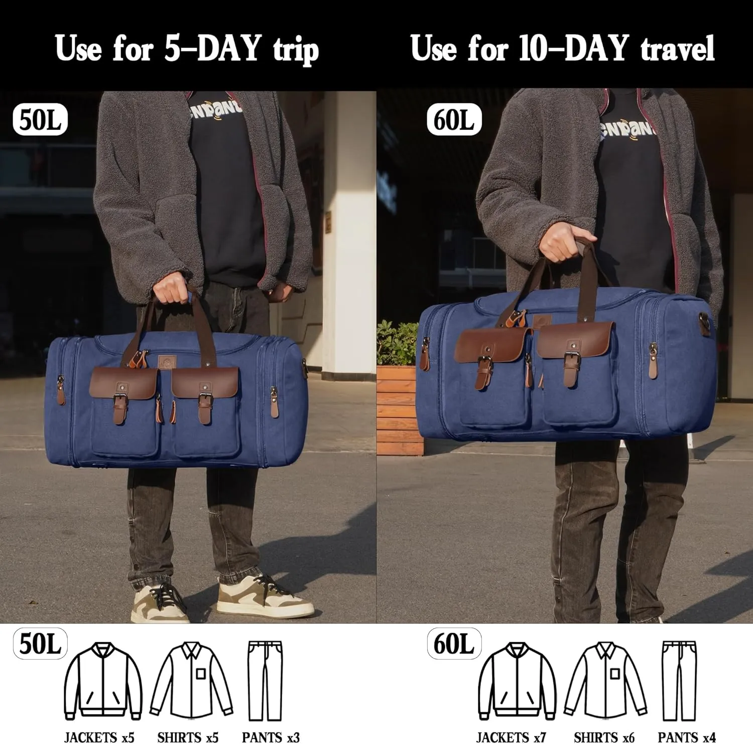 Canvas Duffle Bag for Men 60L Travel Duffel Bags Expandable Genuine Leather Duffel Overnight Weekender Carry On Bag Two Zipper Pockets Travel Bag(Blue, X Large-60L)