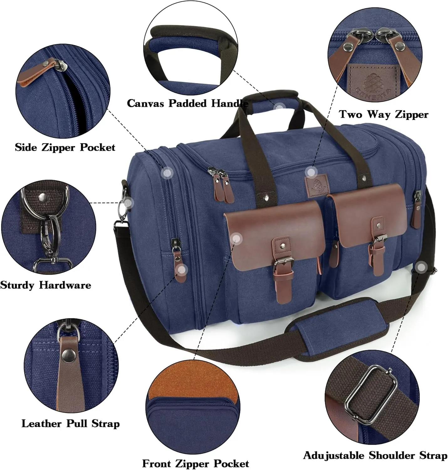 Canvas Duffle Bag for Men 60L Travel Duffel Bags Expandable Genuine Leather Duffel Overnight Weekender Carry On Bag Two Zipper Pockets Travel Bag(Blue, X Large-60L)