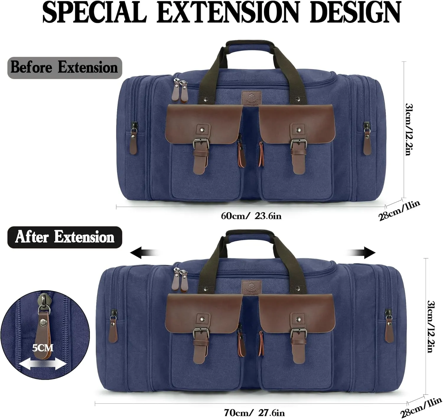 Canvas Duffle Bag for Men 60L Travel Duffel Bags Expandable Genuine Leather Duffel Overnight Weekender Carry On Bag Two Zipper Pockets Travel Bag(Blue, X Large-60L)